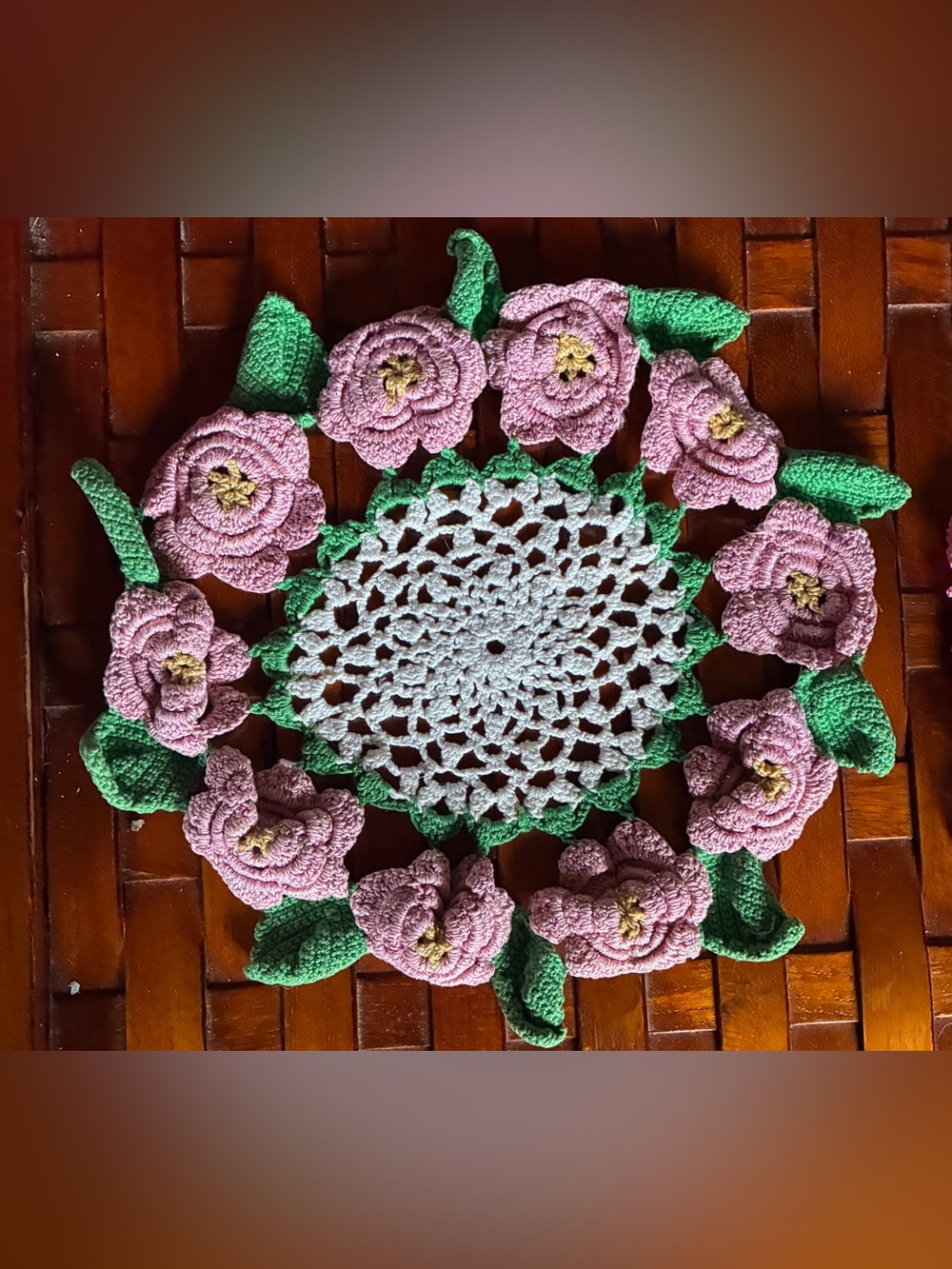 Vintage Handmade Crochet Floral Doily 9" Pink Roses Green Leaves Accent Mat